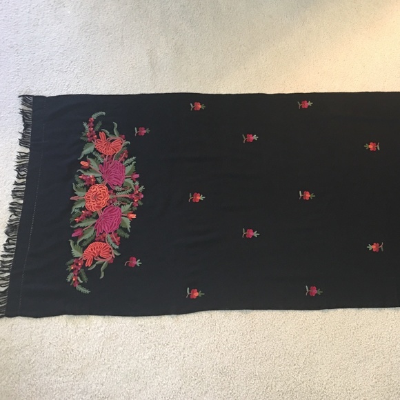 Black Wool Crepe Shawl in Colorful Embroidery - Picture 5 of 6
